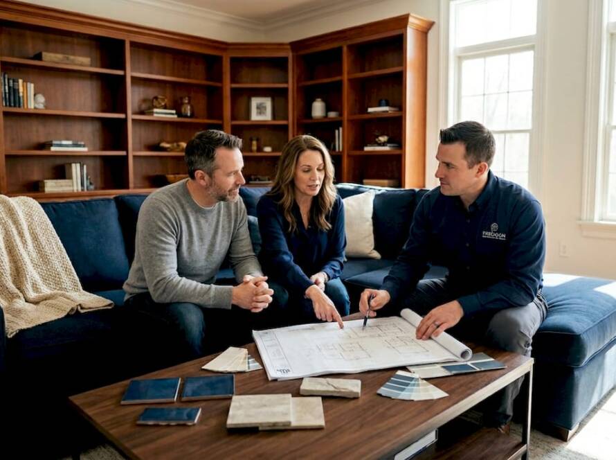 Couple reviews remodeling plans in living room