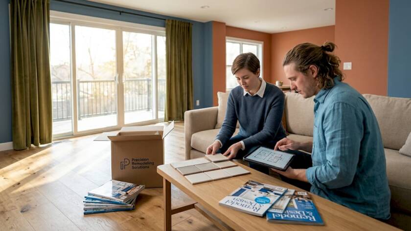 Couple planning home renovation in sunlit room