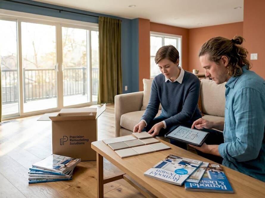Couple planning home renovation in sunlit room