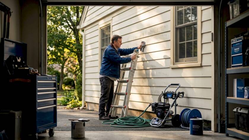 Homeowner prepping exterior siding for painting