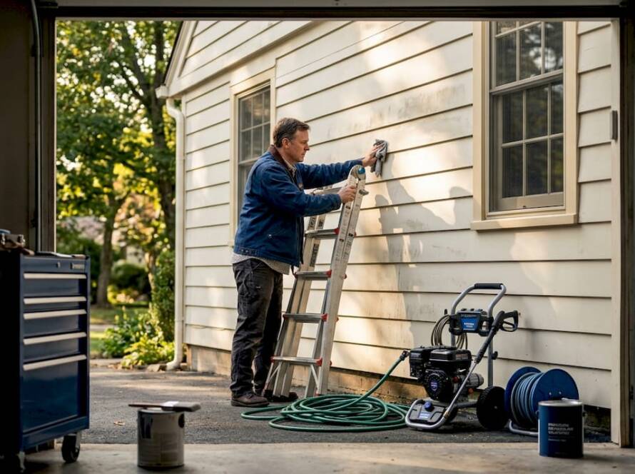 Homeowner prepping exterior siding for painting