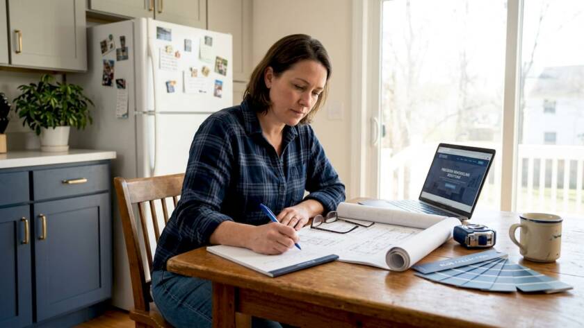 Homeowner planning renovations at kitchen table