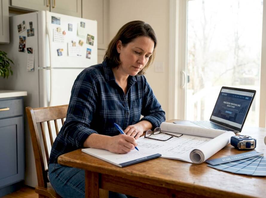 Homeowner planning renovations at kitchen table