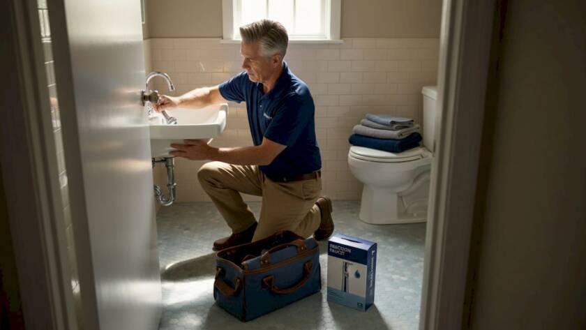 Person installing new bathroom sink faucet