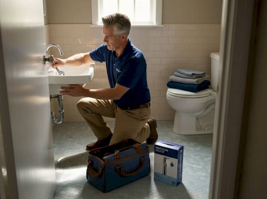 Person installing new bathroom sink faucet