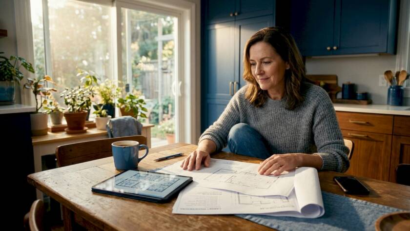 Homeowner reviews renovation plans at kitchen table