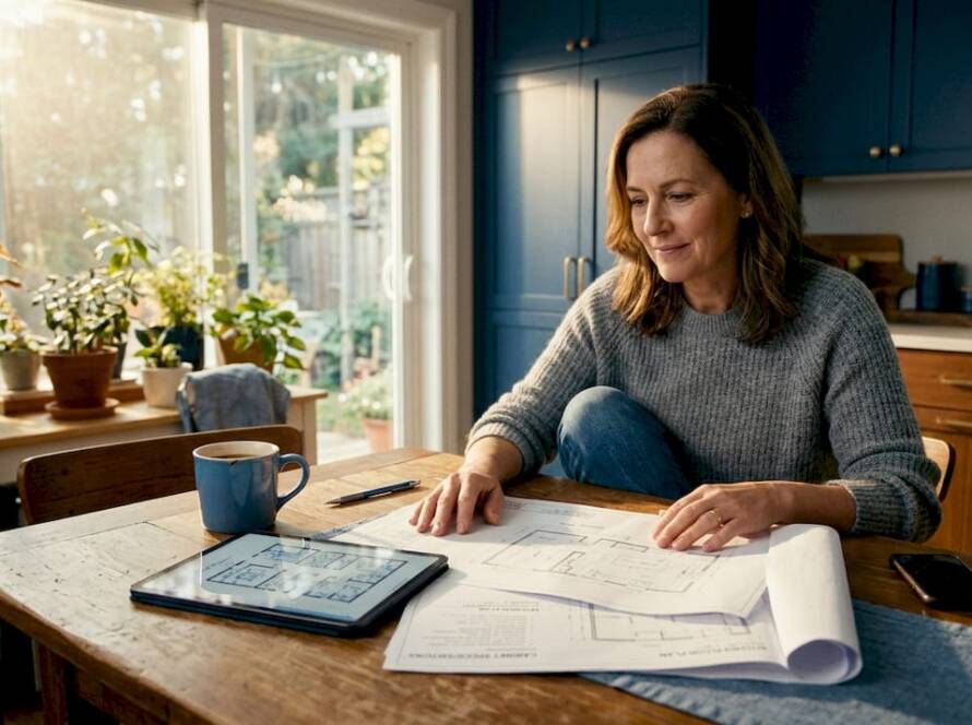 Homeowner reviews renovation plans at kitchen table