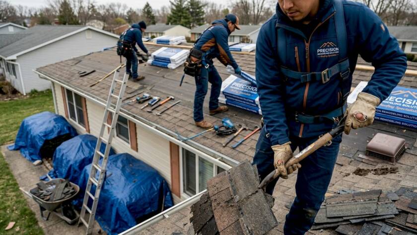 Roof crew removing old shingles in daylight