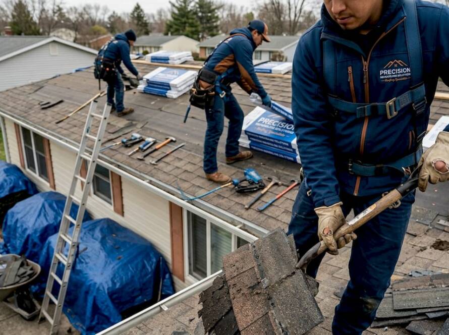 Roof crew removing old shingles in daylight